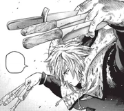 Thorfinn throws knives into the men nearing the cart
