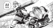 Thorfinn jumps on the bridge and dodges Thorkell's first attacks