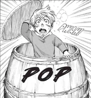 Thorfinn emerges from the barrel he had hidden in to stow away on his father's ship