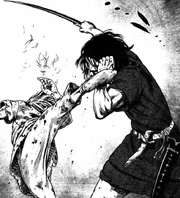 Snake suddenly attacks Thorfinn, prompting him to reflexively go on the defensive