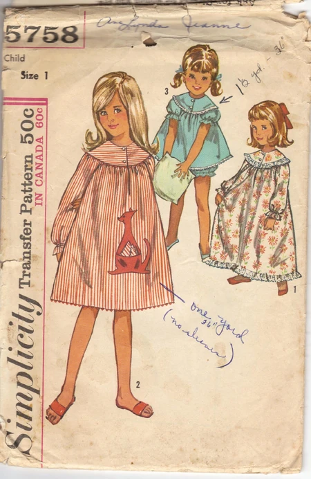 Child's Nightgown in Two Lengths and Shortie Pajamas - Transfer Included ©1964