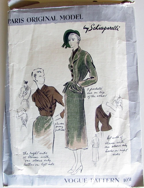 Vogue Paris Original Model Pattern1051 by Schiaperelli Size 12, Bust 30, Hip 33 Vintage 1940 Incomplete 2