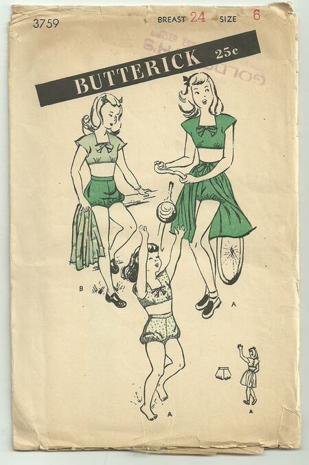 1946 Girls three piece playsuit; midriff top, bloomer shorts and dirndl skirt.