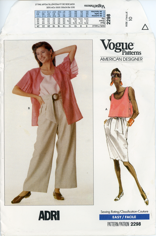 Vogue 2298 A; Misses'/Misses' Petite Jacket, Top, Skirt, Pants & Belt