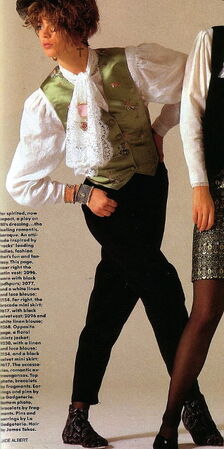 Baroque. The satin vest; 2096, worn with black jodhpurs; 2077, and a white linen & lace blouse; 2154. And outstanding ankle boots - zip front - paisley print. Photo & description from the Fall 1985 issue of McCall's Patterns magazine.