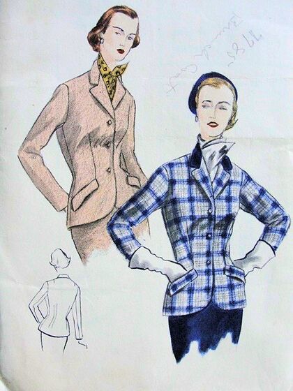 Vogue 7555 Circa 1951 Jacket Pattern Fitted jacket with button closing below notched collar. Two flap pockets, long sleeves.