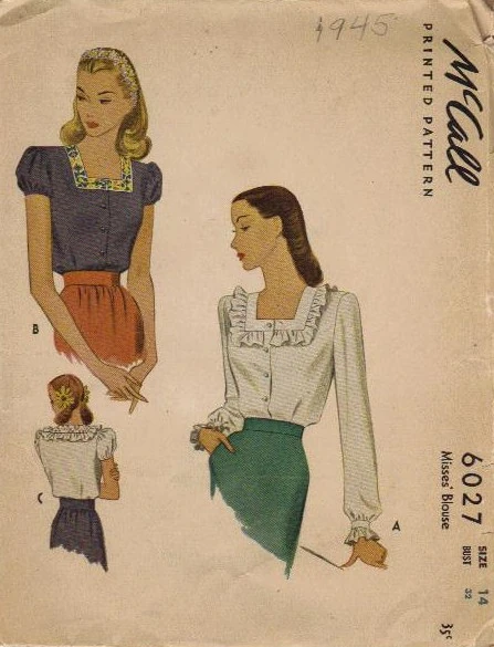 1945 Square Neckline Button Front Blouse
