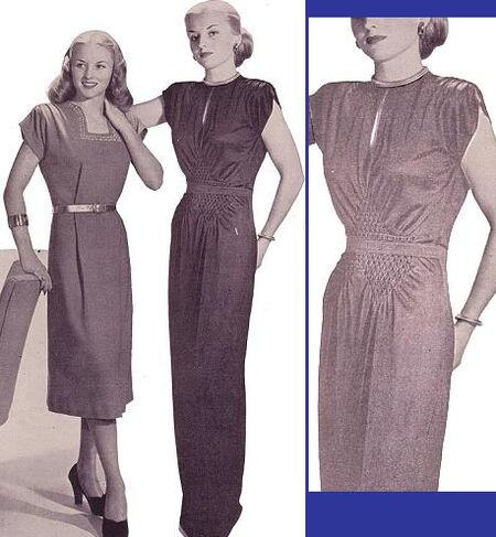 This photo is from the Winter 1947-48 issue of MCCALL NEEDLEWORK magazine. The article title was "sack Dresses Can Fit!" The image at far right was manipulated in an attempt to highlight the smocking detail on the gown.