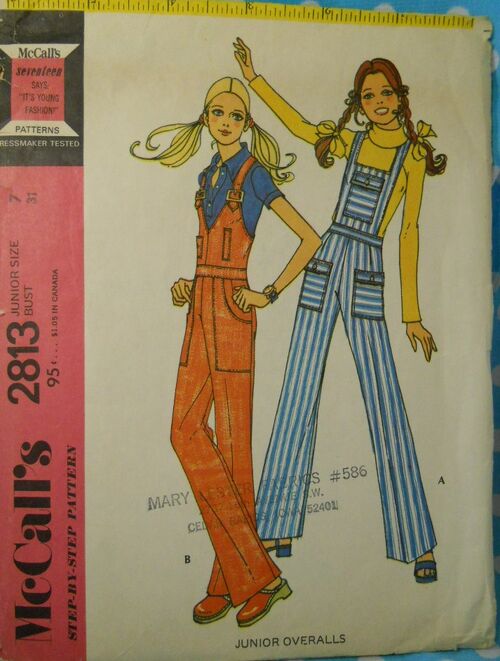 McCall's 2813 ;c 1971 - Junior Size Bib Overalls.