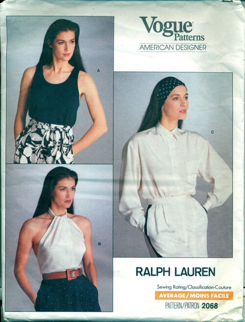 Vogue 2068 ca; 1980's Women's Top and Blouse Pattern, Sewing Pattern. Vogue American Designer, Ralph Lauren.