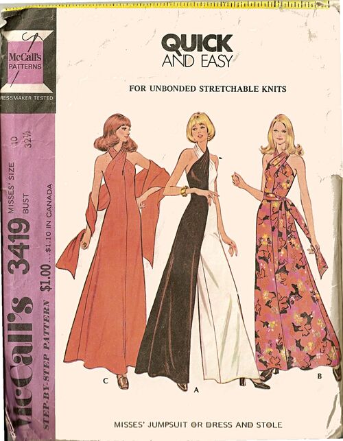 Misses' Jumpsuit or Dress and Stole - For Unbonded Stretchable Knits ©1972