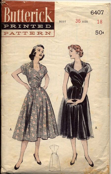 Butterick 6407 1953© Softly Detailed Dress: Surplice Effect