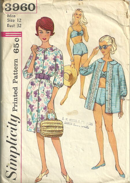 Simplicity 7107 Girls' Beach-Dress in two lengths, Two-piece Bathing Suit,  Hat Size: 10 Breast 28 Used Sewing Pattern