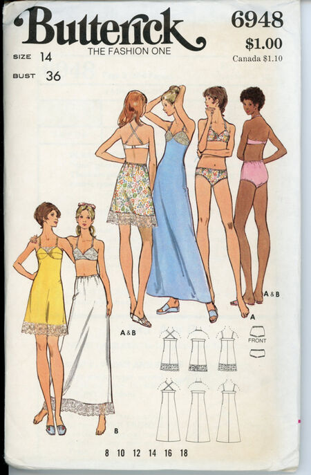 Butterick 6948 A 1972© Misses' Bra, Bra-Slip, Petticoat, Briefs & Bikinis