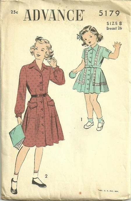 Advance 5179 ca 1950's. Girl's belted dress button front.