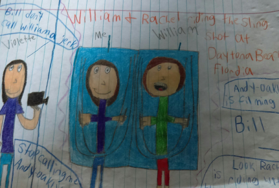 Drawing of William riding the slingshot with a fan