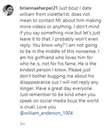 Brianna asking her followers not to bother William