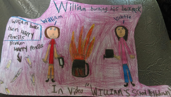 Drawing of William burning his book bag