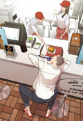 Hobin handing a burger to Pakgo