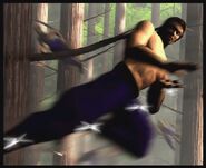 Kage leaping through the woods while throwing shurikens