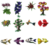 A file included with Virtual Villagers 3: The Secret City that depicts renderings of the magic fish and plants of Isola, as featured in Fish Tycoon and Plant Tycoon, respectively.