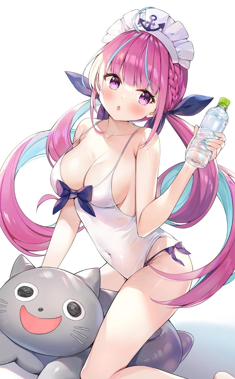 Minato Aqua in Swimsuit with Her Mascot