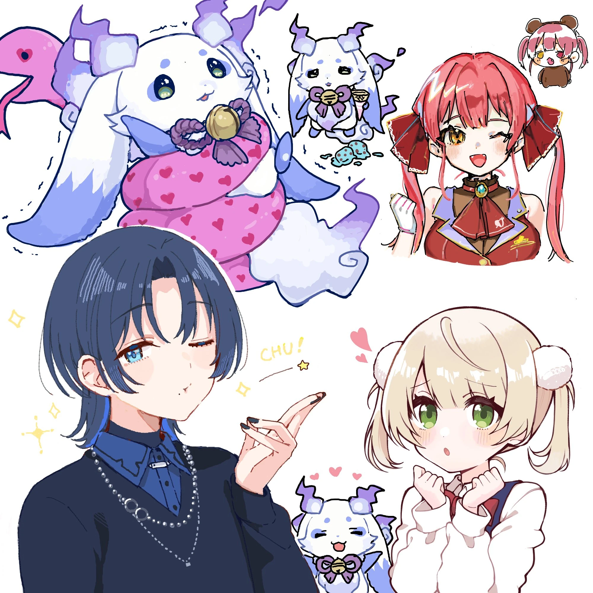 Houshou Marine, Hiodoshi Ao, Shigure Ui, and Lunlun collaborative drawing