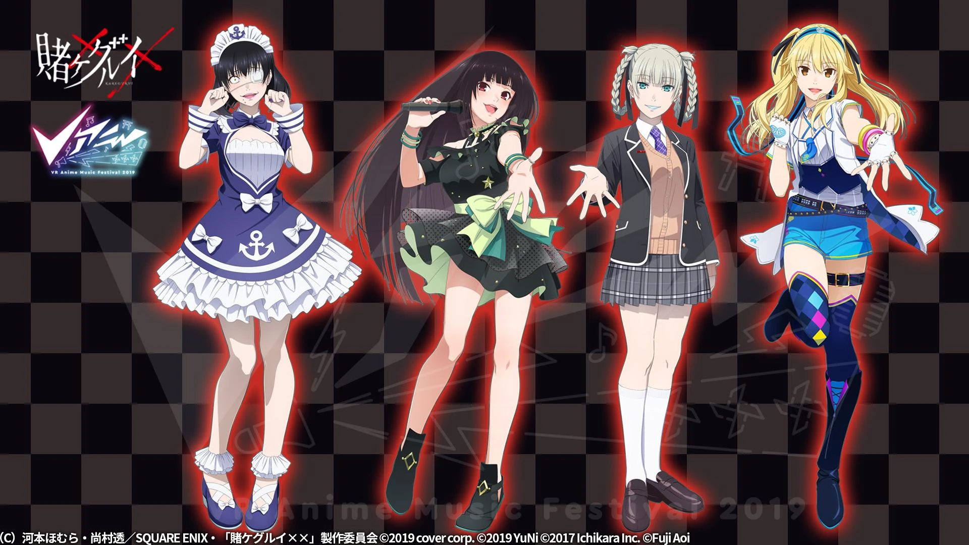 [[Minato Aqua|Aqua]], YuNi, [[Higuchi Kaede|Kaede]], and [[Fuji Aoi|Aoi]] in [[w:c:kakegurui:Midari Ikishima|Midari]], [[w:c:kakegurui:Yumeko Jabami|Yumeko]], [[w:c:kakegurui:Kirari Momobami|Kirari]], and [[w:c:kakegurui:Mary Saotome|Mary]]'s costumes<br />From V-Ani 2019 and [[Wikipedia:Kakegurui – Compulsive Gambler|Kakegurui××]] Collaboration