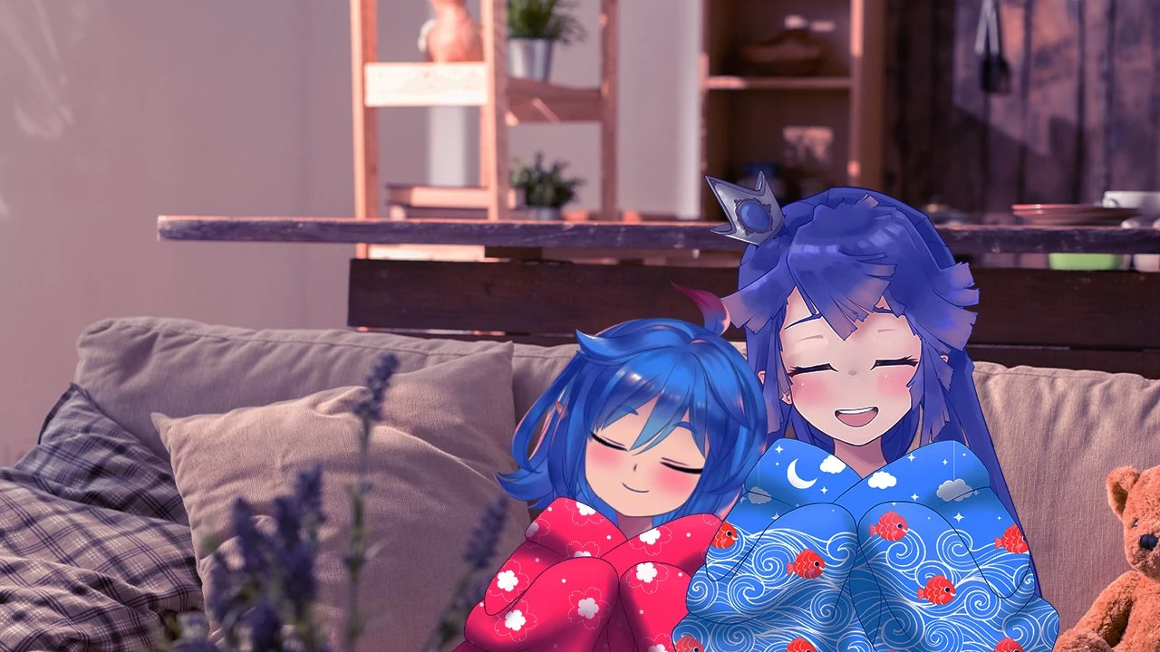 Nemu and Leaflit cuddling on the couch