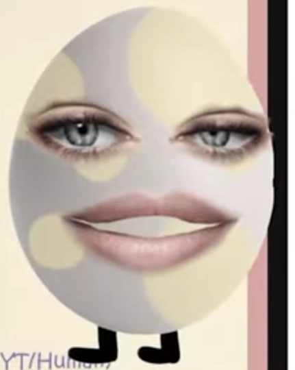 Eggy model with realistic features, in her 2021 April Fool's stream