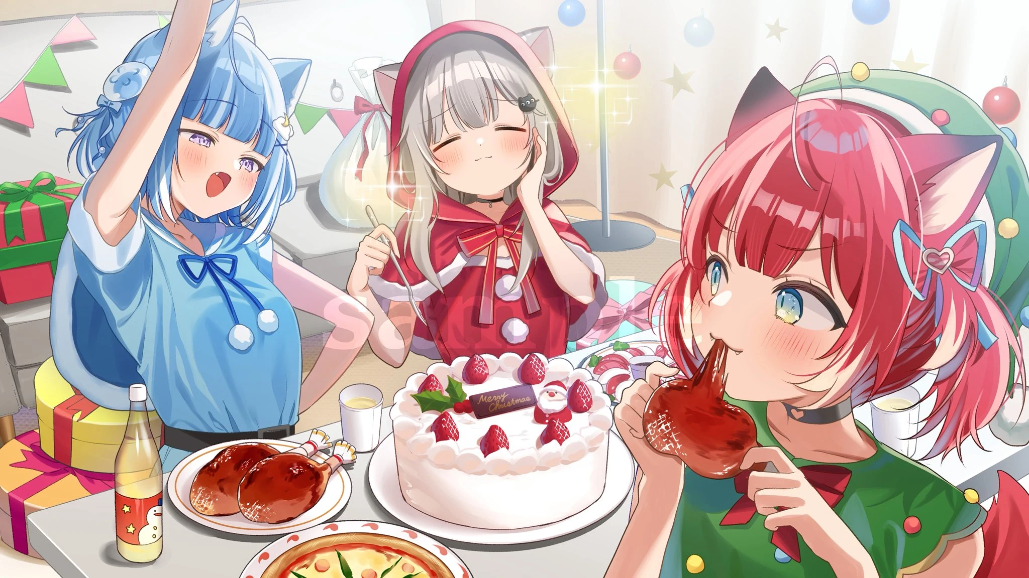 Amashiro Family (Kurageu Roa, Nachoneko, and Akami Karubi) 2025 Christmas Collab Thumbnail Art