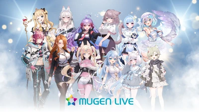 MUGEN LIVE April 2025 members. Row 1, from left: Pastel Uyu, Nemu, Takatsuki Ritsu, Mitsuki Momo, Hosimiya Sio, Tsurugasaki Yuki. Row 2: Administer, Fuuwa, Nte, Cyuko, Shanoa, and Amedama Latte (pre-redesign).