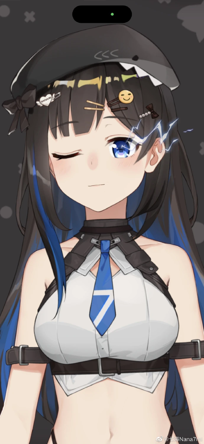 With shark berret, black hair, electric eye
