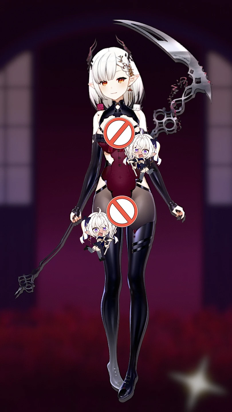 Full Body With Short Hairstyle, Horns, Boots, and Scythe, and Without Corset Dress