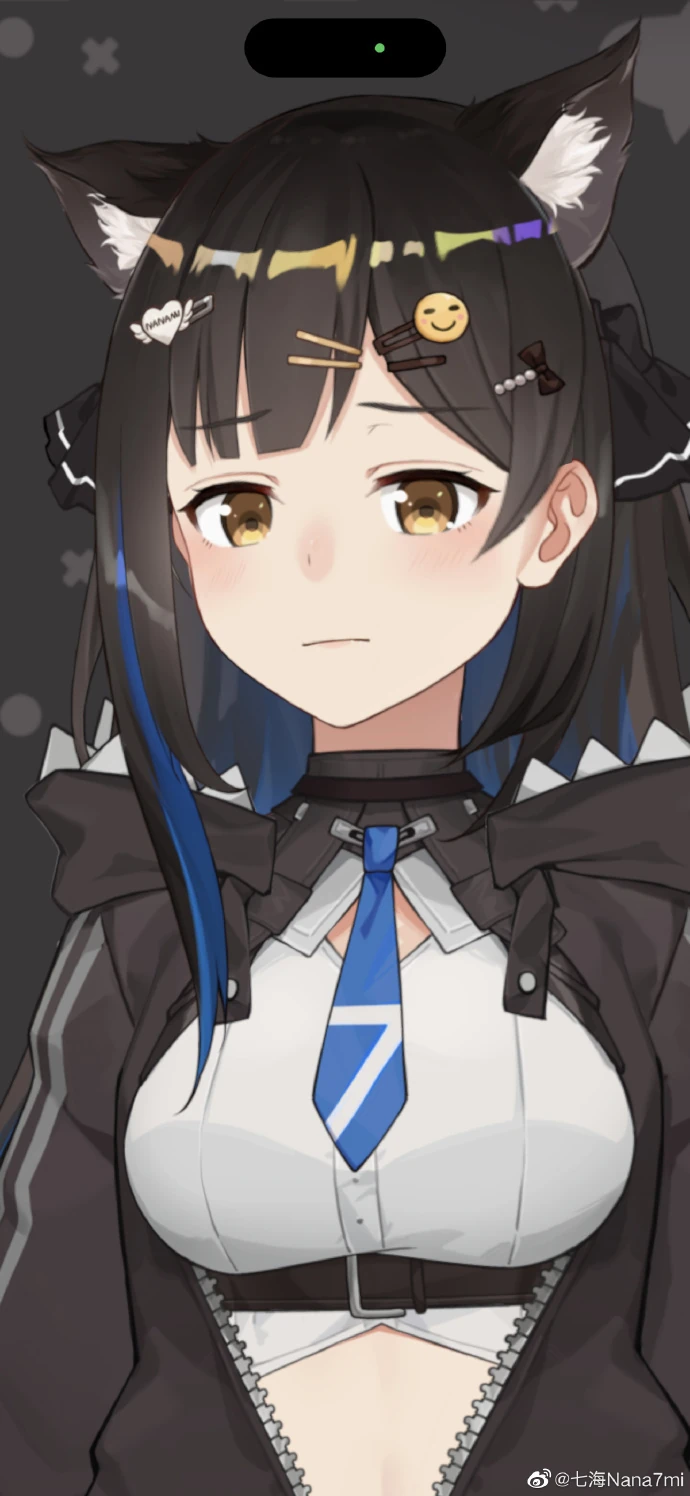 With cat ears, black hair