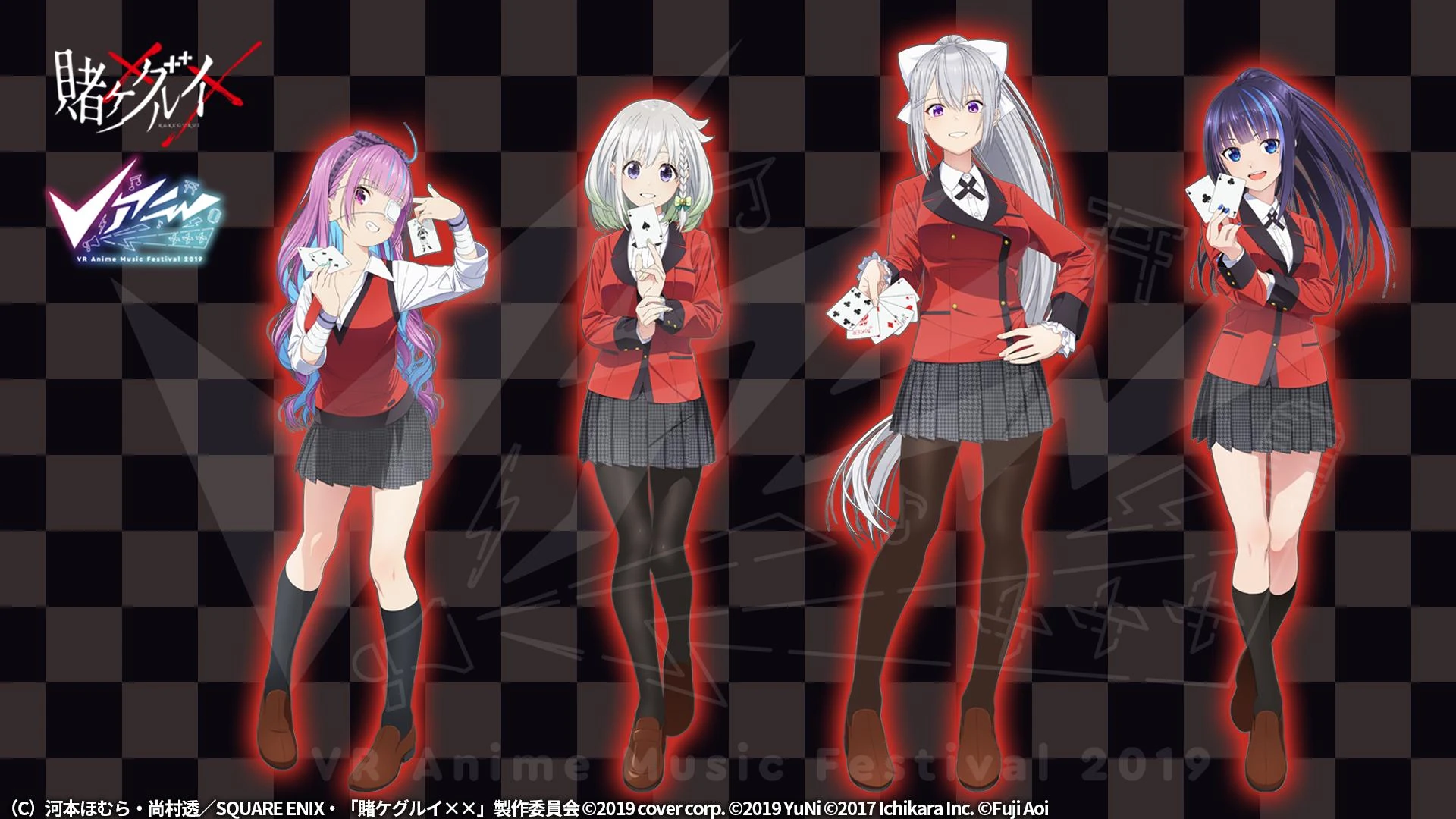 Midari, Yumeko, Kirari, and Mary in Aqua, YuNi, Kaede, and Aoi's costumes<br />From V-Ani 2019 and Kakegurui×× Collaboration