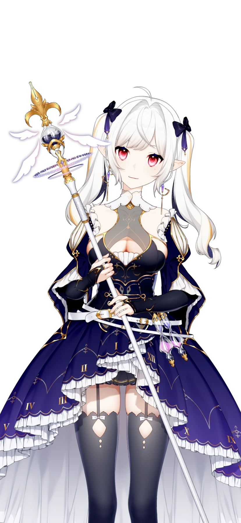 With Twintails Hairstyle, Red Eyes, Bustle Skirt, and Staff, and Without Cape