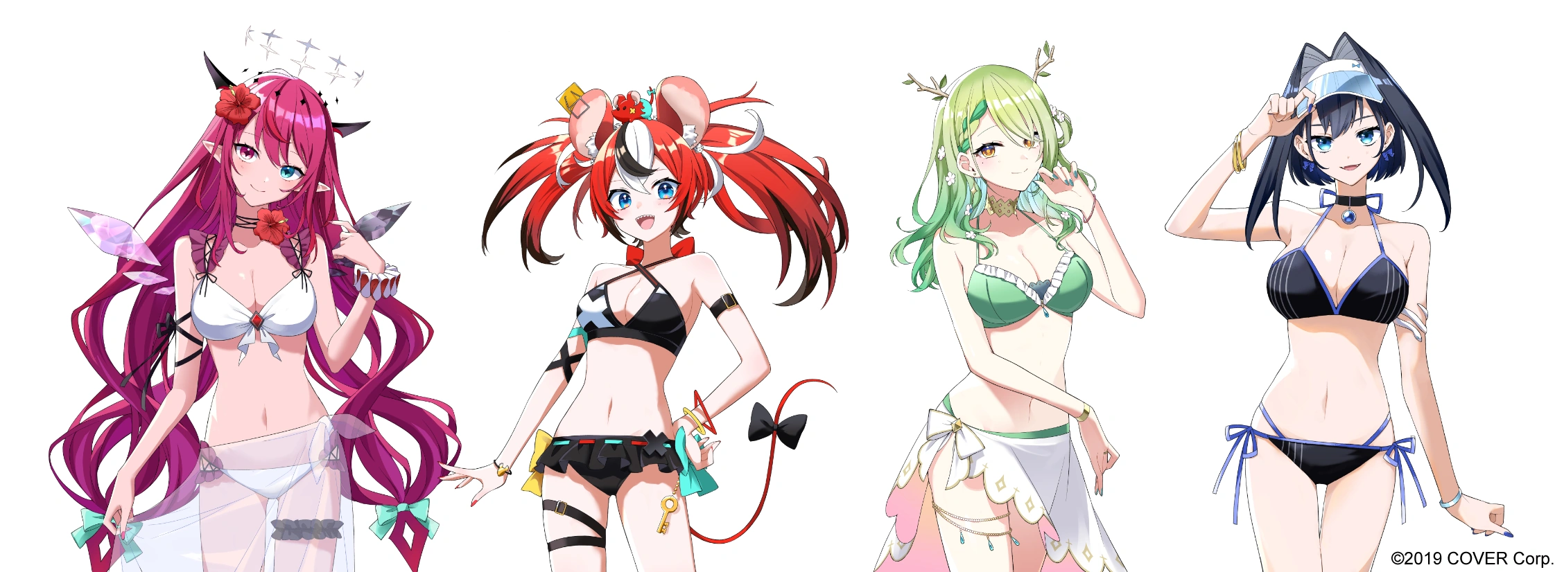 "Secret Island Vacation with hololive English... and You!" Visual Novel Style Video Swimsuit Designs by Aneco