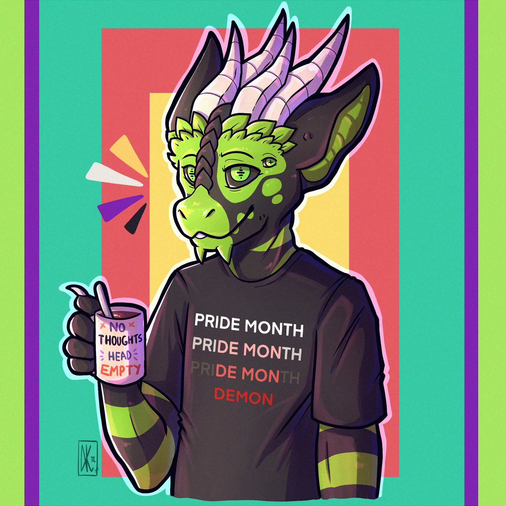 AtticMonster wearing a Pride Demon shirt.