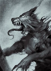 a shadowy depiction of a wolf with multiple eyes, fangs barred and teeth drawn