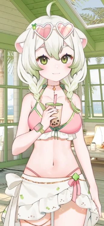 Swim top, holding boba tea