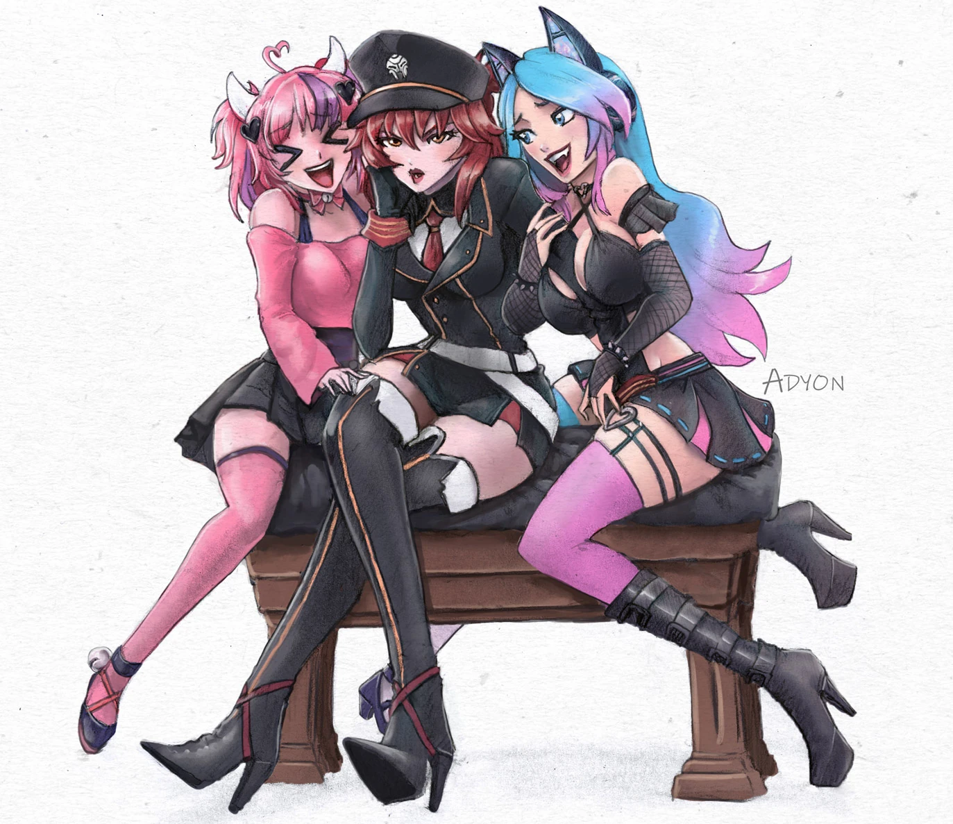 Zentreya being hugged by Ironmouse and Silvervale. Art by Adyon.