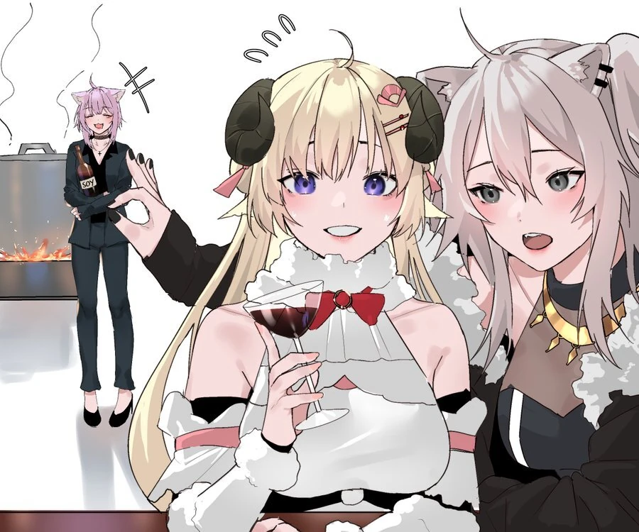 Nekomata Okayu, Tsunomaki Watame, and Shishiro Botan<br>by Hieh