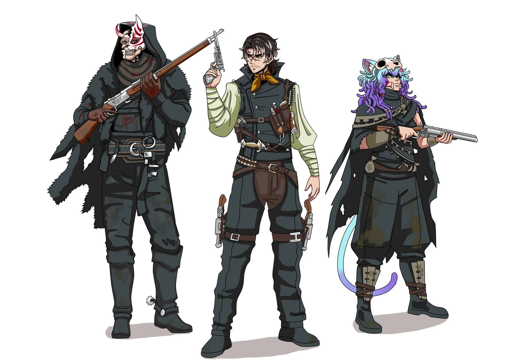Konzetsu, NightmareDetective, and PixCatOS in their Hunt outfits, drawn by Dawizurd