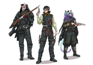 Konzetsu, NightmareDetective, and PixCatOS in their Hunt outfits, drawn by Dawizurd