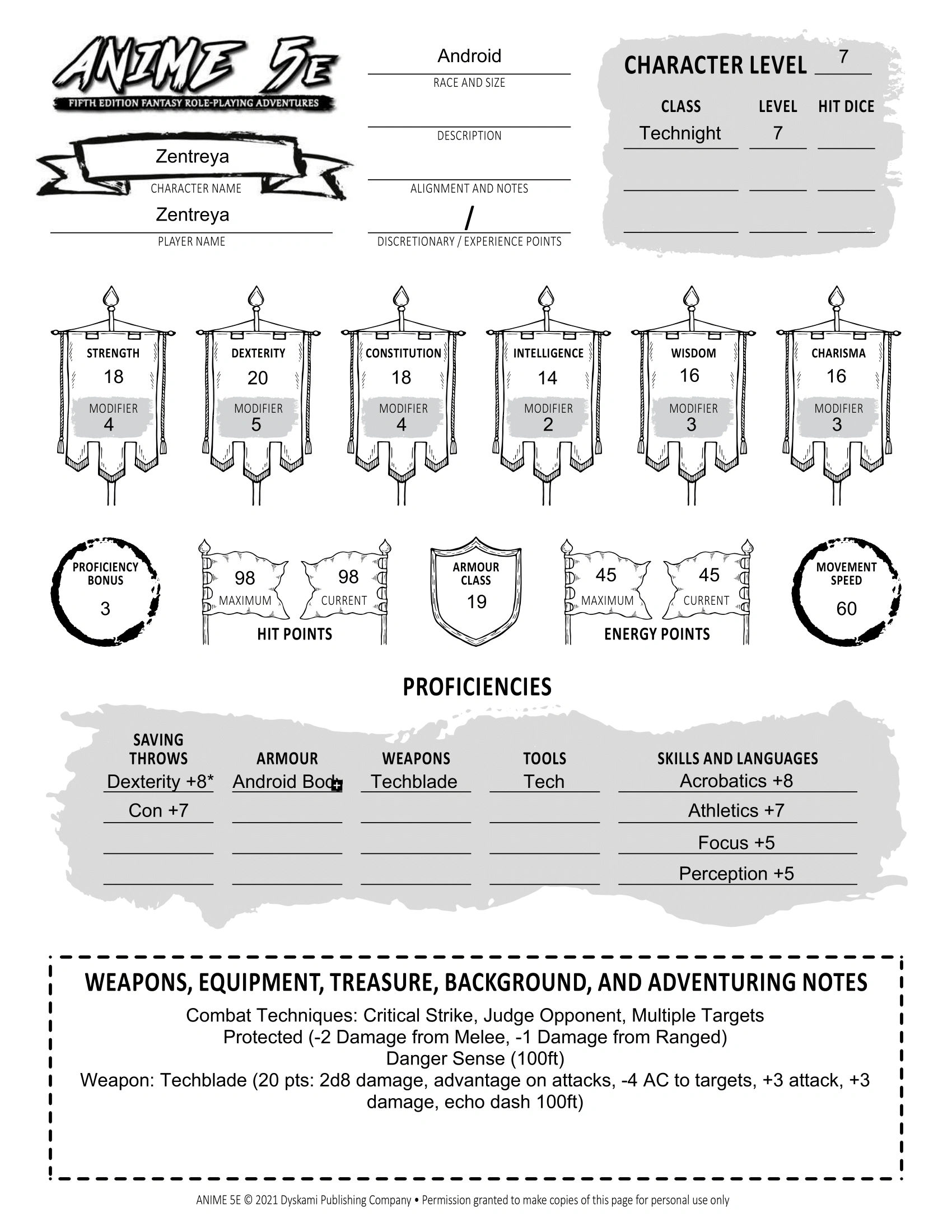 Zentreya Character Sheet for DoNotPeekEntertainments DND one-shot for Halloween 2023