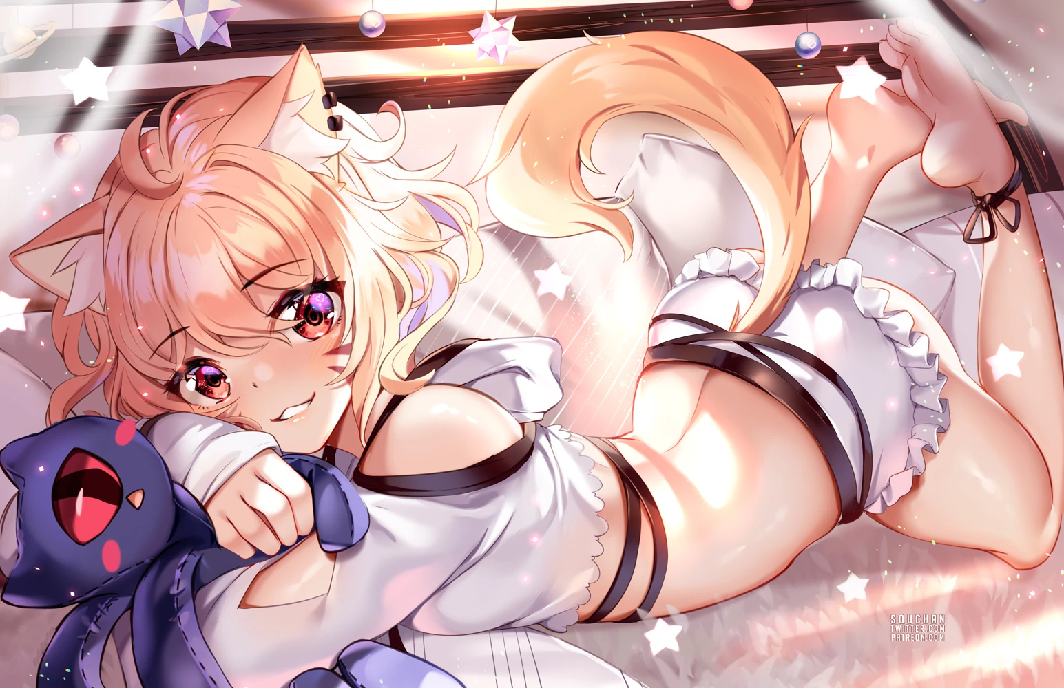 Shyrei lounging with a plush of L