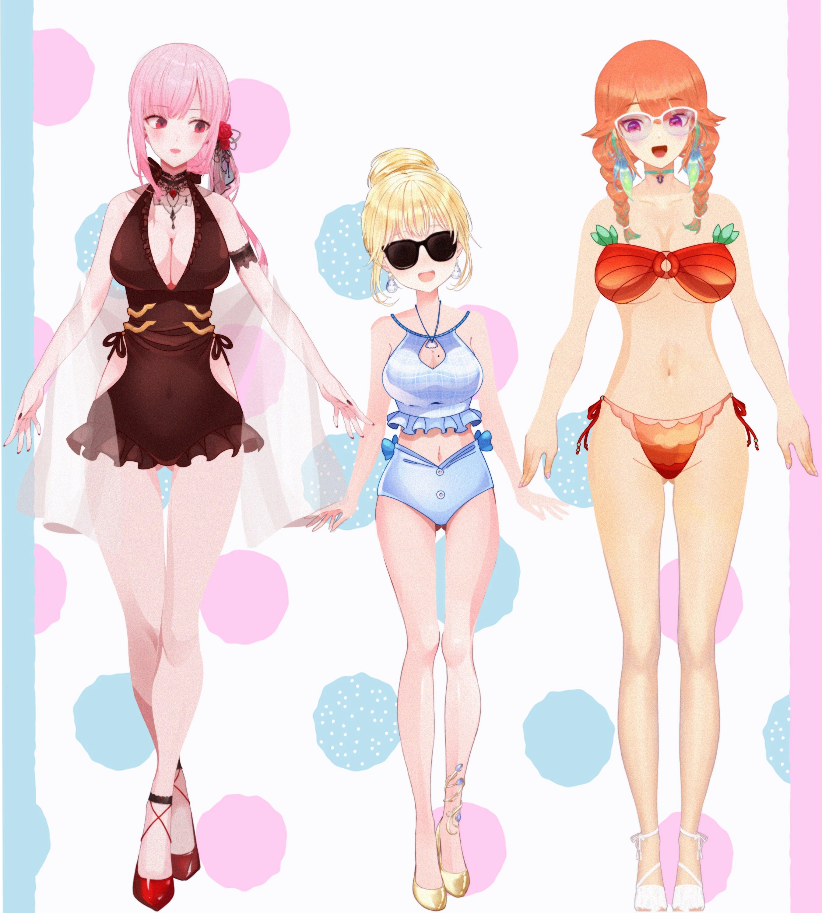 Calli, Ame, and Kiara's swimsuit designs