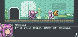 Momoka's NPC character and Dairy Dose catchphrase as seen in Curse Crackers: For Whom the Belle Toils