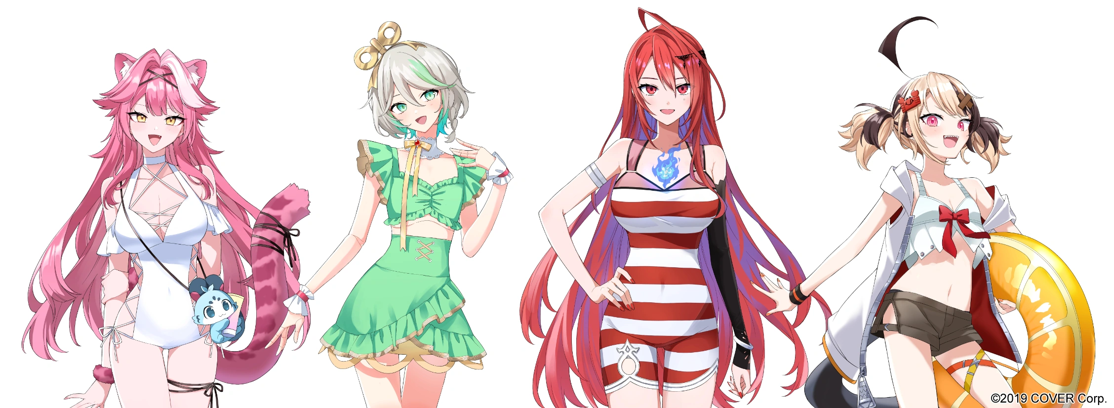 "Secret Island Vacation with hololive English... and You!" Visual Novel Style Video Swimsuit Designs by Aneco